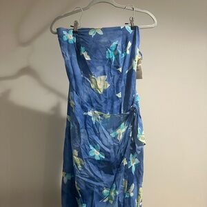 Floral Blue Strapless Dress
